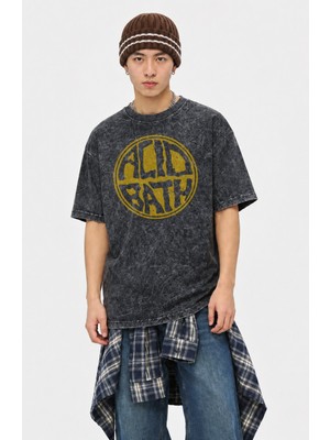 Fuddy Moda Unisex Acid Bath Logo Baskılı Yıkamalı Tişört, Oversize Rock Band Temalı Vintage Tshirt