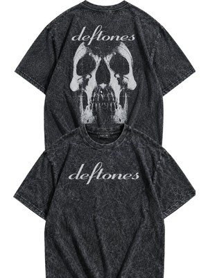 Fuddy Moda Unisex Deftones Skull Sırt Baskılı Yıkamalı Tişört, Oversize Rock Band Temalı Retro Tshirt