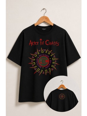 Fuddy Moda Unisex Alice In Chains Logo Ense Baskılı Tişört, Oversize Rock Band Temalı Tshirt