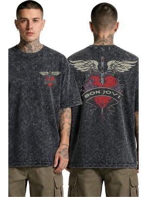 Fuddy Moda Unisex Bon Jovi Sırt Baskılı Yıkamalı Tişört, Oversize Rock Band Temalı Retro Tshirt