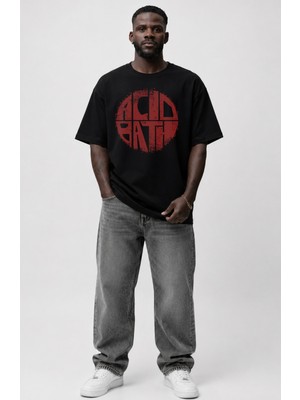 Fuddy Moda Unisex Acidbath Logo Baskılı Tişört, Oversize Rock Band Temalı Tshirt