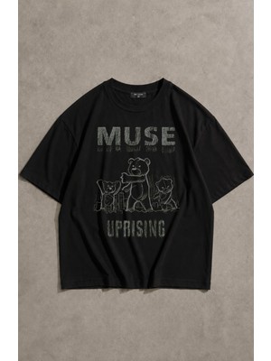 Fuddy Moda Unisex Muse Uprising Baskılı Bisiklet Yaka Tişört, Oversize Rock Band Temalı Tshirt