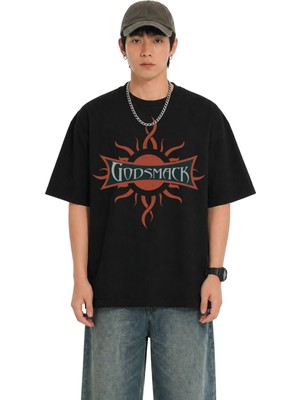 Fuddy Moda Unisex Godsmack Logo Baskılı Bisiklet Yaka Tişört, Oversize Rock Band Temalı Tshirt