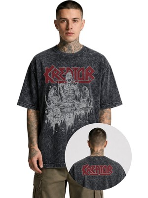 Fuddy Moda Unisex Kreator Ense Baskılı Yıkamalı Tişört, Oversize Rock Band Temalı Vintage Tshirt