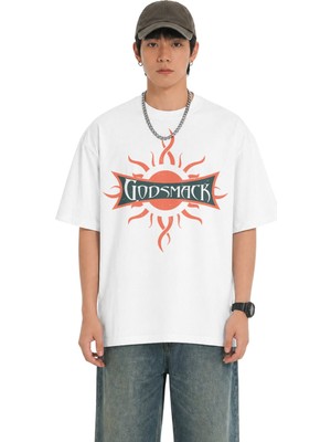 Fuddy Moda Unisex Godsmack Logo Baskılı Bisiklet Yaka Tişört, Oversize Rock Band Temalı Tshirt