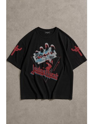 Fuddy Moda Unisex Judas Priest British Steel Baskılı Tişört, Oversize Rock Band Temalı Tshirt