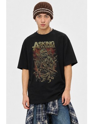 Fuddy Moda Unisex Asking Alexandria Baskılı Tişört, Oversize Rock Band Temalı Tshirt