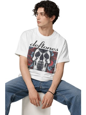Fuddy Moda Unisex Deftones Skull And Rose Baskılı Bisiklet Yaka Tişört, Oversize Rock Band Temalı Tshirt