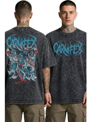Fuddy Moda Unisex Carnifex Sırt Baskılı Yıkamalı Tişört, Oversize Rock Band Temalı Retro Tshirt