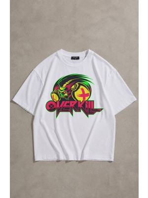 Fuddy Moda Unisex Overkill Baskılı Bisiklet Yaka Tişört, Oversize Rock Band Temalı Tshirt