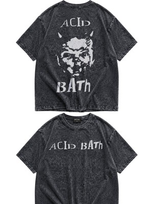 Fuddy Moda Unisex Acid Bath Sırt Baskılı Yıkamalı Tişört, Oversize Rock Band Temalı Retro Tshirt
