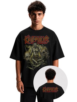 Fuddy Moda Unisex Kreator Skull Ense Baskılı Bisiklet Yaka Tişört, Oversize Rock Band Temalı Tshirt