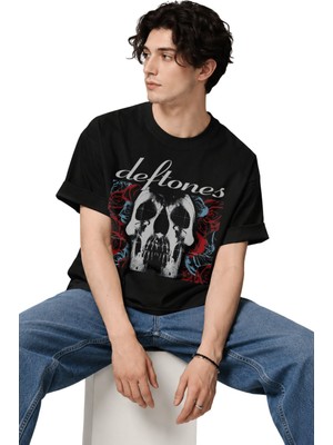 Fuddy Moda Unisex Deftones Skull And Rose Baskılı Bisiklet Yaka Tişört, Oversize Rock Band Temalı Tshirt