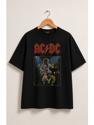 Fuddy Moda Unisex Ac-Dc Baskılı Tişört, Oversize Rock Band Temalı Tshirt
