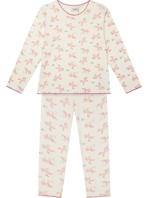 Antebies Organik Gots Sertifikalı Unicorn Masalı Desenli, Uzun Kollu Tişört, Bel Lastikli Taytlı Kız Çocuk Pijama Takımı