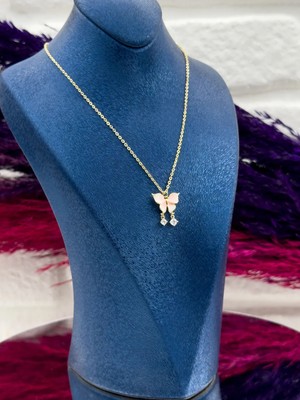 Livora Jewelry 925 Ayar Gümüş Gold Kaplama Kelebek Pembe Mineli Zarif Kadın Kolye