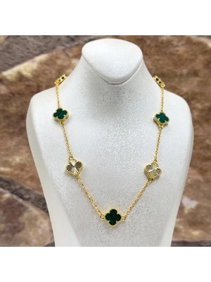 Livora Jewelry 925 Ayar Gümüş Zirkon Taşlı Şans Yoncası Malakit Lüks Kadın Kolye