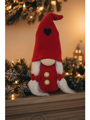 Empressco Yılbaşı Hediyesi Peluş Elf Cüce Figür Kırmızı Kalpli 30 cm Obje Dekoratif Yeniyıl Süsü Biblo