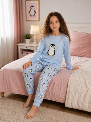 Formo Kız Çocuk %100 Doğal Pamuk Penguenli Manşet Paça Uzun Kollu Pijama Takımı