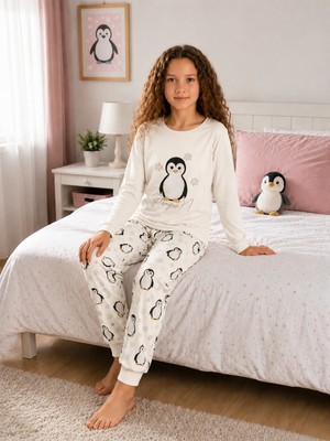 Formo Kız Çocuk %100 Doğal Pamuk Penguenli Manşet Paça Uzun Kollu Pijama Takımı