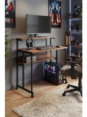 Dehalimited Frenli Tekerlekli Çalışma Masası Bilgisayar Oyuncu Masası Monitör Raflı Laptop Öğrenci Ders Masası 85X50