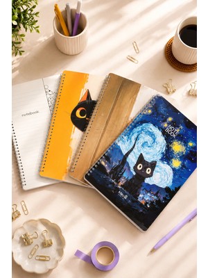 Dival Notebook A4 Spiralli Karton Kapak 4’lü Set 2 Kareli 2 Çizgili Ders Programlı Not Okul Defteri - Meow Kedi Serisi