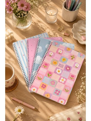 Dival Notebook A4 Spiralli Karton Kapak 4’lü Set Kareli Ders Programlı Not Okul Defteri - Mavi Pembe