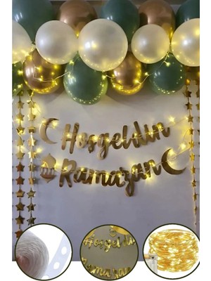 Empressco Gold Krom Yeşil Hoşgeldin Ramazan Süsleme Seti 33 Parça Yıldız Süs Peri LED Banner