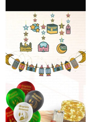 Empressco Ramazan Süsleme Seti (Hoşgeldin Ramazan Yazısı, Tavan Sarkıtı, LED Işık, 4 Adet Balon)