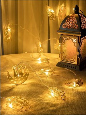 Empressco Ramazan Konsept Süsleme Pilli LED Işık 10LU Gold Metal Kandil Ay Yıldız Minare Karışık Işık Zinciri