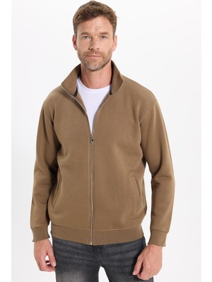 Tudors Unisex Relax Fit Rahat Kesim Pamuklu 3 İplik İçi Polarlı Fermuarlı Kahverengi Cepli Sweatshirt Hırka