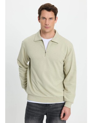 Tudors Erkek Relax Fit Rahat Kesim Pamuklu 3 iplik Fermuarlı Polo Yaka Bej Sweatshirt