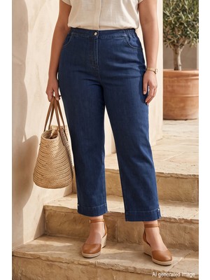 Lale Butik Büyük Beden Kadın Paçası Inci Detay Kot Denim Pantolon 09 Koyu Lacivert