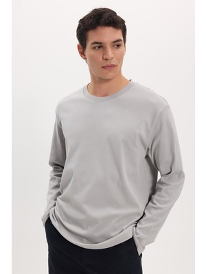 Tudors Unisex Relax Fit Rahat Kesim %100 Pamuk Uzun Kollu Bisiklet Yaka Gri Basic Tişört