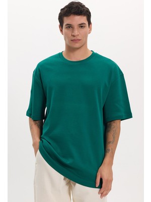 Tudors Unisex Oversize Geniş Kesim %100 Pamuk Yumuşak Dokulu Basic Bisiklet Yaka Yeşil Tişört