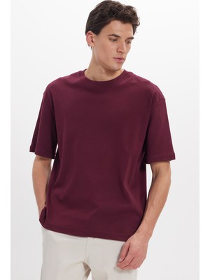 Tudors Unisex Oversize Geniş Kesim %100 Pamuk Yumuşak Dokulu Basic Bisiklet Yaka Bordo Tişört
