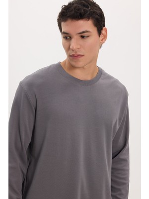 Tudors Unisex Relax Fit Rahat Kesim %100 Pamuk Uzun Kollu Bisiklet Yaka Koyu Gri Basic Tişört