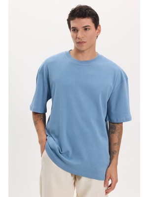 Tudors Unisex Oversize Geniş Kesim %100 Pamuk Yumuşak Dokulu Basic Bisiklet Yaka Indigo Tişört