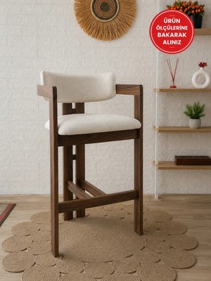 Silla T Bar Sandalyesi Teddy Krem Kumaş Bar Sandalyesi Ceviz Ahşap Ada Sandalye
