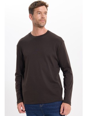 Tudors Unisex Relax Fit Rahat Kesim %100 Pamuk Uzun Kollu Bisiklet Yaka Kahverengi Basic Tişört