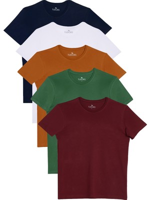 Tudors Unisex 5'li Paket Lacivert-Beyaz-Yeşil-Bordo-Turuncu Slim Fit Dar Kesim %100 Pamuk Bisiklet Yaka Tişört