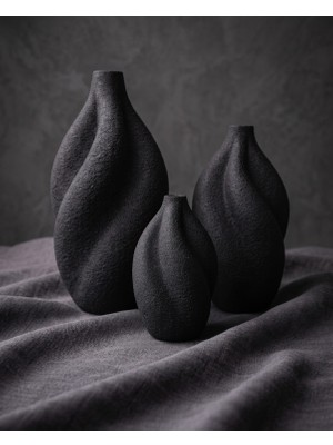 Mergen Art 3'lü Siyah Dokulu Vazo Seti - Modern Burgu Tasarım Dekoratif Salon Aksesuarı