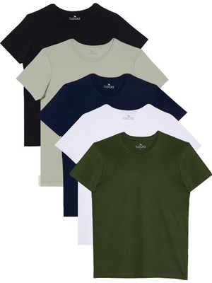 Tudors Unisex 5'li Paket Siyah-Gri-Lacivert-Beyaz-Yeşil Slim Fit Dar Kesim %100 Pamuk Bisiklet Yaka Tişört
