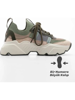 Marjin Kadın Sneaker Yüksek Taban Triko Spor Ayakkabı Volente Haki
