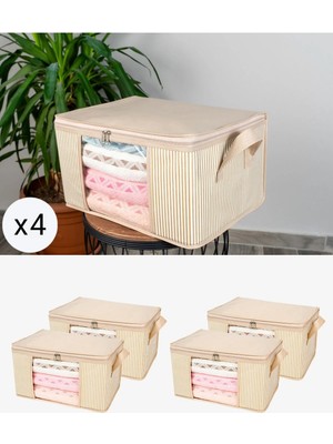 Empressco 4 Adet Küçük Boy Pencereli Krem Çizgili Baza Altı Dolap Içi Bavul Içi Düzenleyici Hurç 40X30X20 cm