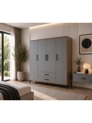 Afilli Urla 4 Kapaklı 2 Çekmeceli Gardrop Tamamı Mdf( Atlas Çam Buz Gri )