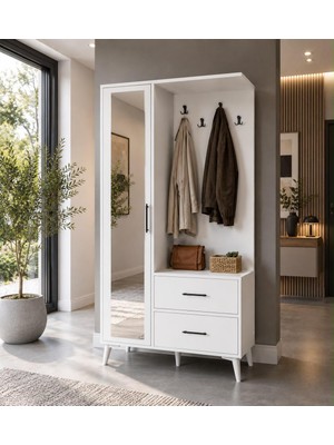 Afilli Oslo Aynalı Portmanto Vestiyer %100 MDF Klasik Tasarım 5 Raflı 110x181x36 cm Ölçülerinde