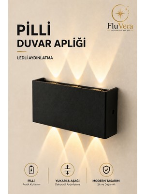 Fluvera Gün Işığı Pilli 12W LED Duvar Apliği Siyah | Çift Yönlü Işık | | Modern Dekoratif Aydınlatma3 LED | | Iç & Dış Mekan Duvar Lambası