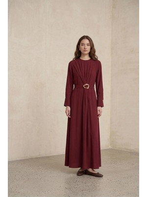 Kado Moda Modal Tensel Kumaş Drapeli Kemer Detaylı Tokalı Uzun Elbise Kadın