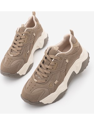 Marjin Kadın Sneaker Kalın Taban Bağcıklı Spor Ayakkabı Pizen Vizon